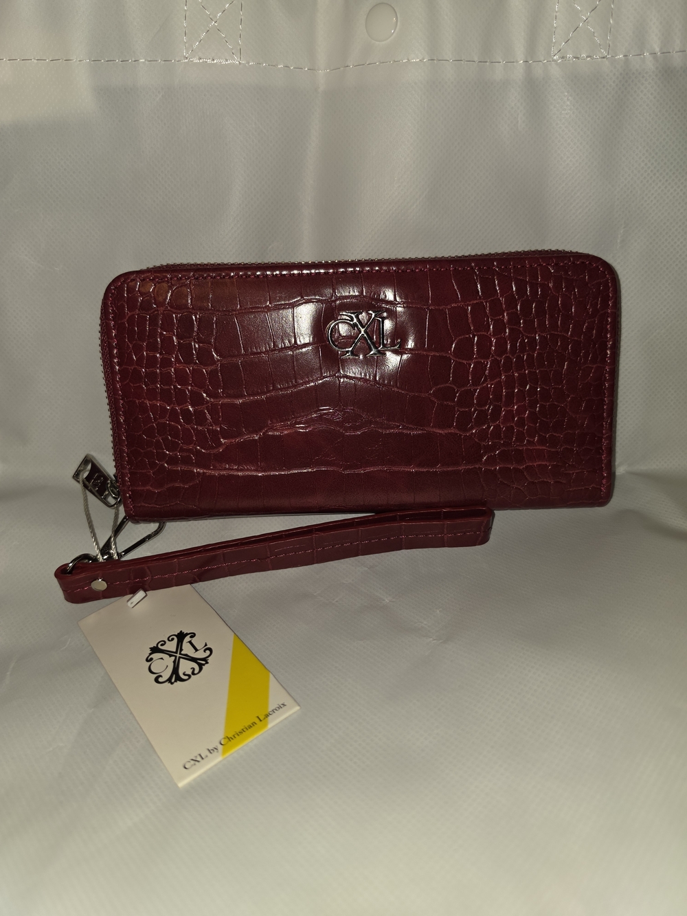 NWT Christian LaCroix Croc-Embossed Burgundy Wristlet Wallet